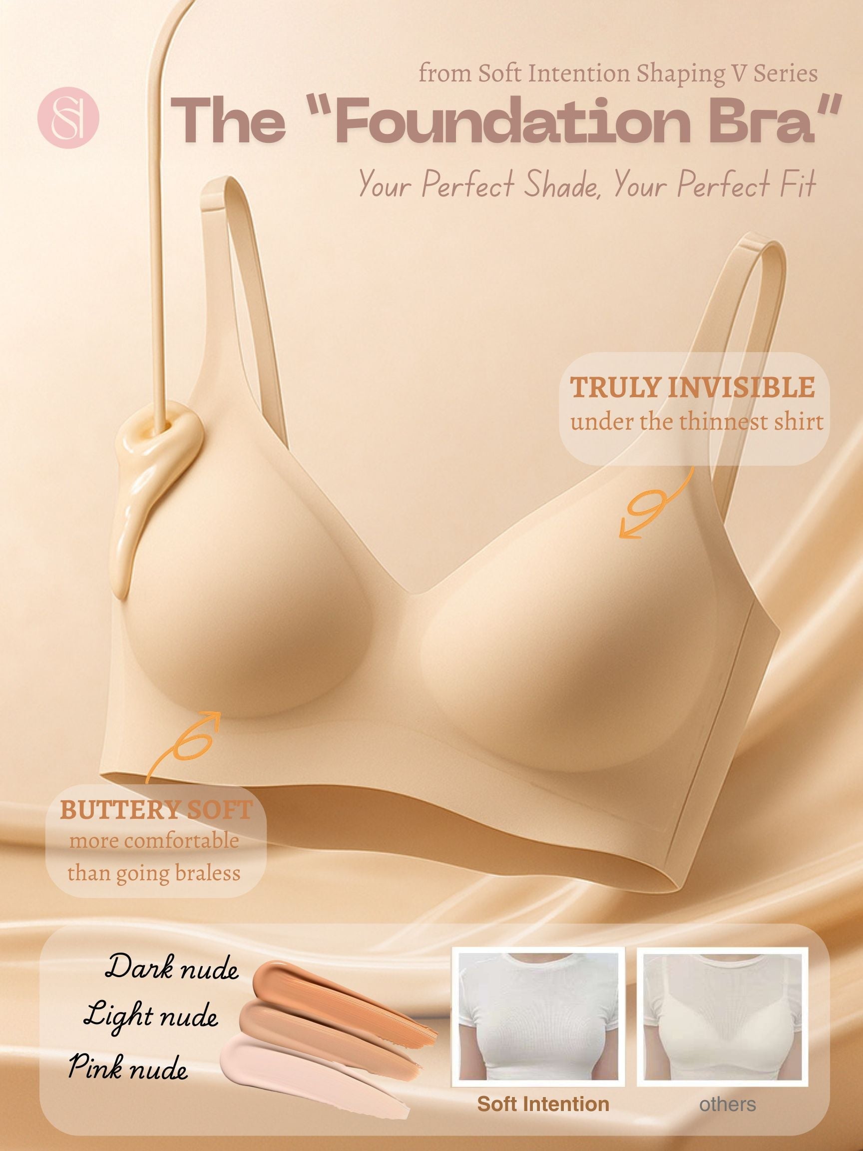 Deep V neckline detail of Deep V Jelly Bra - flattering cleavage design